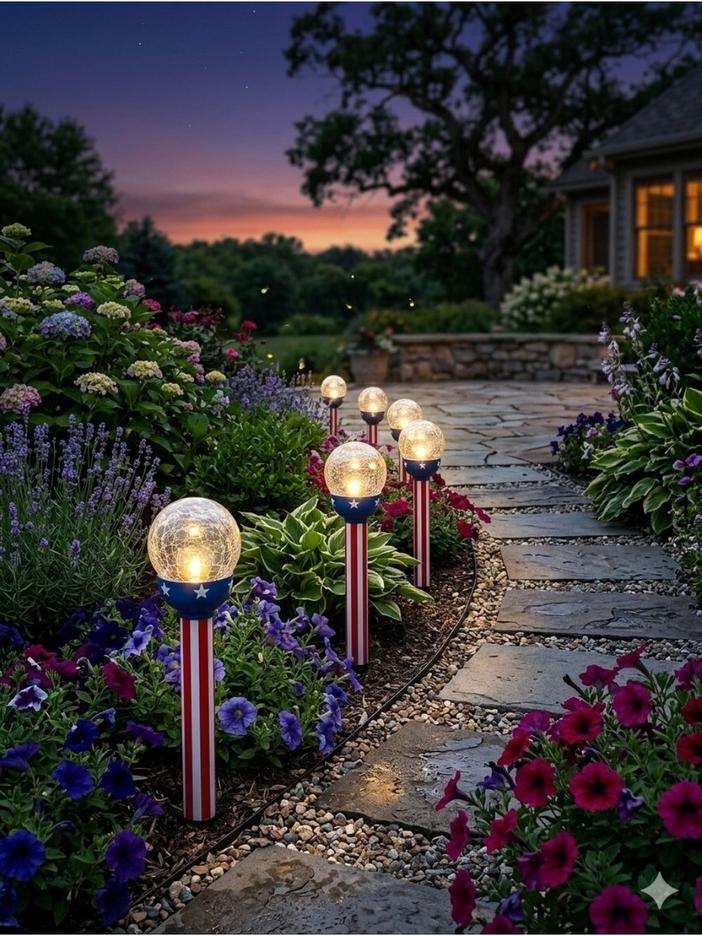 NWT Lot of 4 Fusion Patriot Americana Solar Crackle Glass Globe Lantern Blue/Red